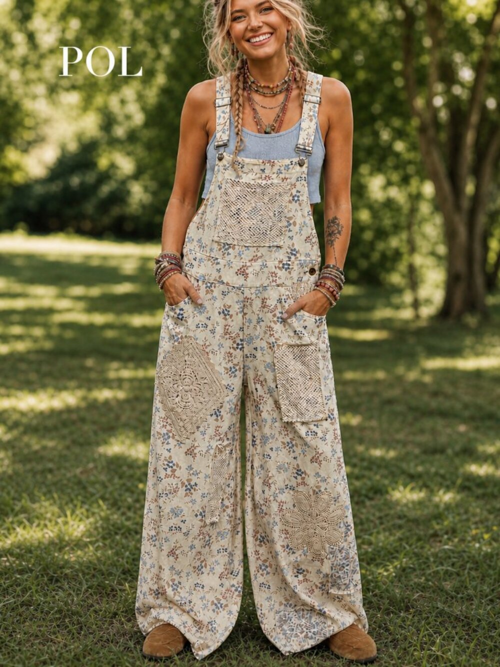 POL Boho Denim Floral Crochet Patchwork Wide Leg Baggy Suspender Strap Overalls